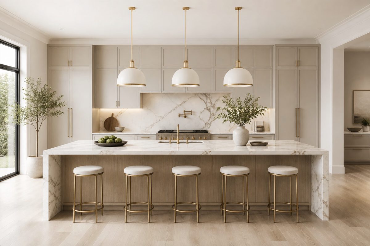 Remodeled kitchen with marble island and brass fixtures