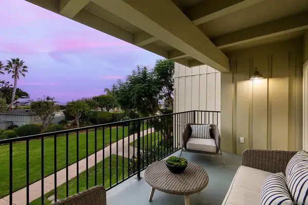 Balcony with seating at dusk