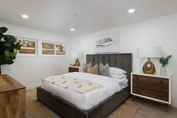Bedroom with upholstered headboard